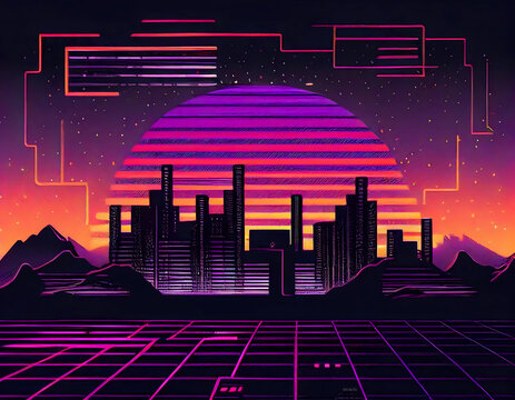 Digital futuristic retro wave city background