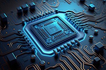 Circuit board with chip. AI technology generated image - obrazy, fototapety, plakaty