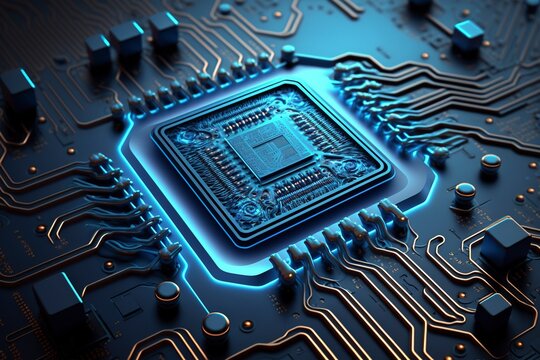 Circuit board with chip. AI technology generated image