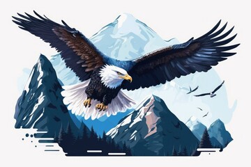 A bald eagle soars slowly and magnificently over the mountains below. Idiom for describing the idea of wild animals and unadulterated nature. Generative AI