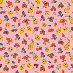 Seamless pattern in retro style. Pears, lemons, strawberries, cherries, mushrooms, hearts. Design for fabric, textile, wallpaper, packaging.
