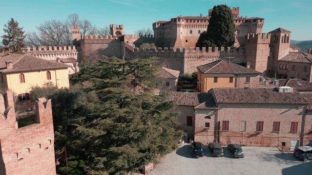 aerial view with drone of the medieval village of Gradara, in the province of Pesaro in the Marche region