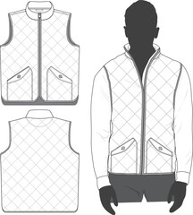 Men's Zip up Quilted vest flat model sketch fashion design mock-up template © SUPERHOLIK