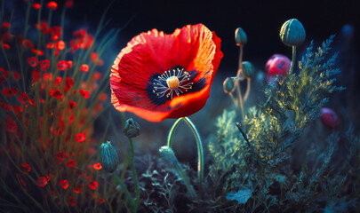 Fototapeta na wymiar A vibrant red poppy in a sea of wildflowers