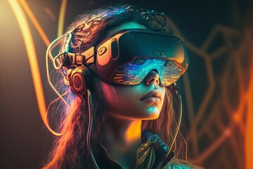 Beautiful futuristic woman using virtual reality glasses (VR). augmented reality (AR). Metaverse and 3D simulation. Virtual reality and futurism concept. Generative AI