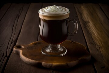 irish coffee dans un verre transparent posé sur une table en bois - illustration ia