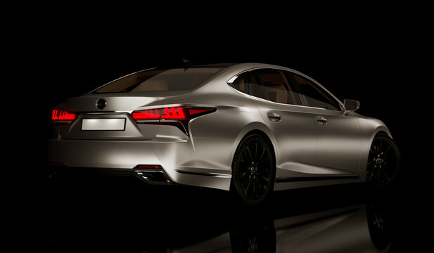 Almaty, Kazakhstan - January 2023: Lexus LS500 luxury japan car business sedan isolated on the dark background. 3d render.