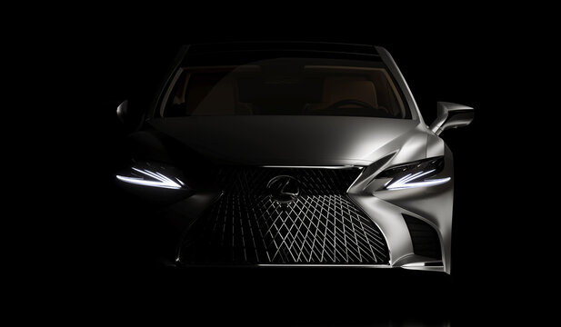 Almaty, Kazakhstan - January 2023: Lexus LS500 luxury japan car business sedan isolated on the dark background. 3d render.