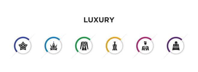 luxury filled icons with infographic template. glyph icons such as stars, vip, vest suit, luxury dress, business man, gift bag vector.