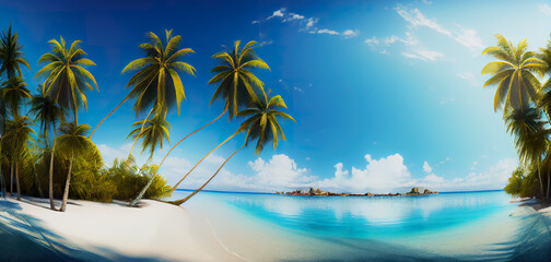 Obraz na płótnie Canvas seascape with palm trees front sea beach and lagoon beach, tropical nature. Exotic tourism destination banner, summer vacation AI generative