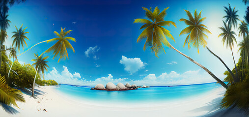 Aerial paradise scenery. Tropical aerial landscape, seascape with palm leaves shadows amazing sea and lagoon beach, tropical nature. Exotic tourism destination banner, summer vacation AI generative 