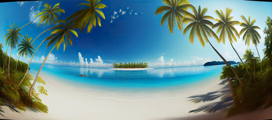 Breathtaking panoramic view of a tropical paradise beach with vibrant palm trees, pristine white sands, and a serene azure lagoon. Ideal for travel and relaxation. generative ai