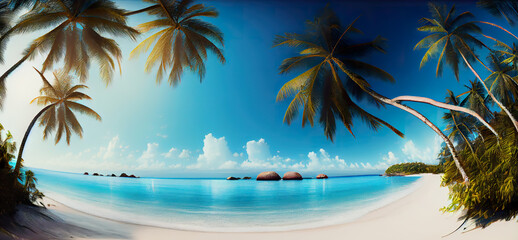 Sandy tropical beach with palm trees with island on background generative ai