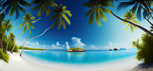 Fototapeta na wymiar Sandy tropical beach with palm trees with island on background generative ai 