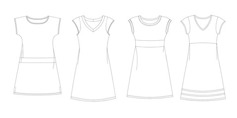 Woman dresses, shirts and tunics technical drawing, template, sketch, flat, mock up. Jersey or woven fabric dress front view, white color