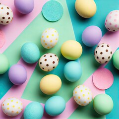 Fototapeta na wymiar Top view photo of easter decorations multicolored easter eggs on isolated pastel background. Colorful Easter Egg bottom border over a pastel paper banner background. Generative Ai