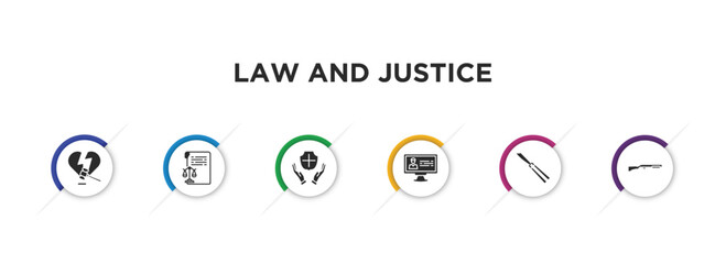 law and justice filled icons with infographic template. glyph icons such as divorce, documents, qualified protection, criminal database, butterfly knife, shotgun vector.