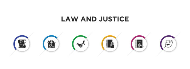law and justice filled icons with infographic template. glyph icons such as wills and trusts, real estate law, murder, law and justice, constitutional environmental vector.