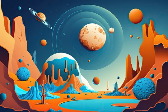 Cartoon illustration of a space backdrop featuring alien rocks and craters filled with blue liquid, a planet with a desolate orange surface, a stormy sky, and a descending comet. Generative AI