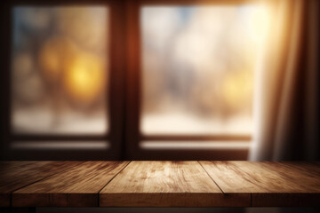 Empty of wood table top on blur of curtain window glass with sunlight background. Generative AI