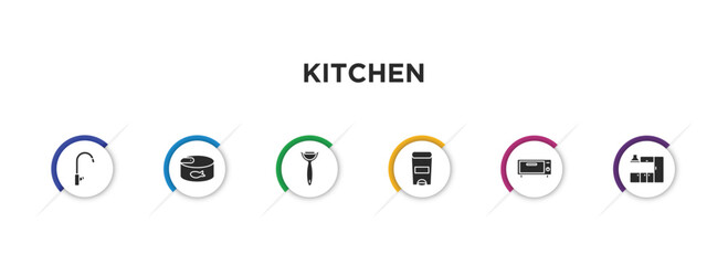 kitchen filled icons with infographic template. glyph icons such as kitchen tap, conserve, peeler, trash, bun warmer, kitchen cabinet vector.