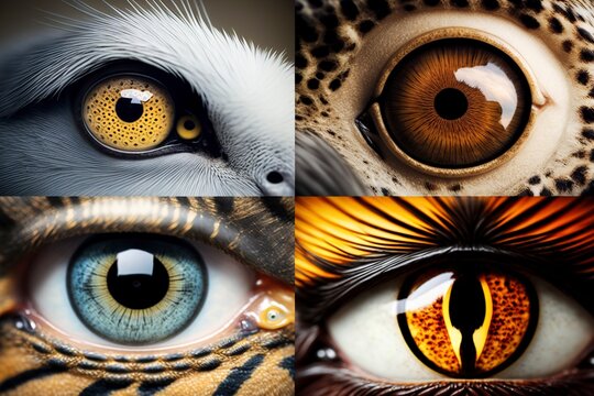 Close-up of eyes and pupils of different animals. AI technology generated image