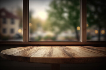 Empty of wood table top on blur of curtain window glass with sunlight background. Generative AI - obrazy, fototapety, plakaty