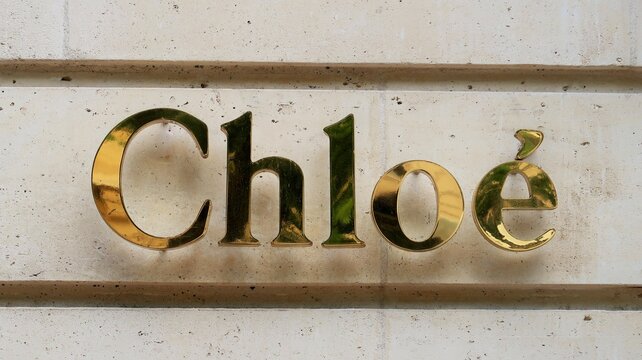 Enseigne / logo de la marque Chloé, célèbre entreprise française de mode de luxe, sur la façade de sa boutique de l’avenue Montaigne à Paris – mai 2021 (France)