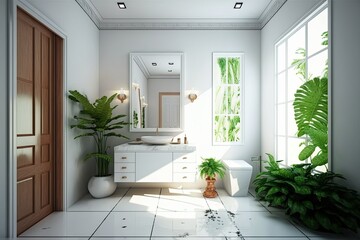 Restrooms in the latest tropical themed design and style. Light from windows illuminates the white tile walls, marble floor, and wooden sink counter. Generative AI
