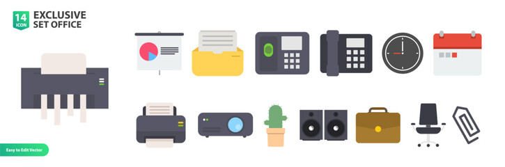 Office Related Simple Set. Contains Icons such as Business equipment, chair printer, plant, bag, calendar and more.