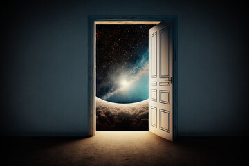 Empty room with open door leading to space, concept of hope and new beginning.