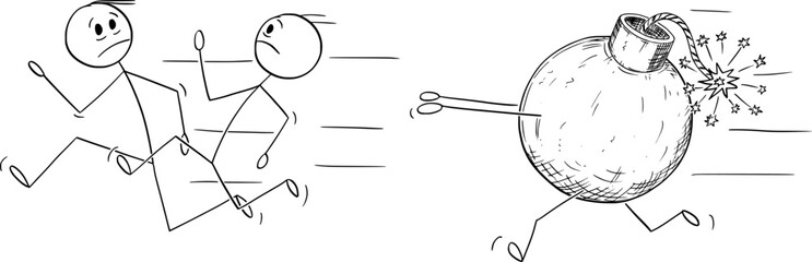 Bomb Chasing People Running Away , Vector Cartoon Stick Figure Illustration