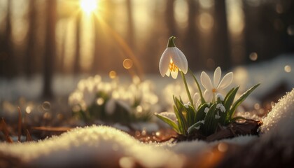 Fototapeta The snowdrop flowers (Galanthus nivalis) breaks out from under the snow in the spring forest. Dawn, sunset. Thaw, the onset of spring, the warm season. Snowdrop day holiday April 19 concept. obraz