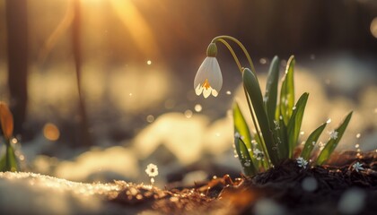 The snowdrop flowers (Galanthus nivalis) breaks out from under the snow in the spring forest. Dawn, sunset. Thaw, the onset of spring, the warm season. Snowdrop day holiday April 19 concept. 
