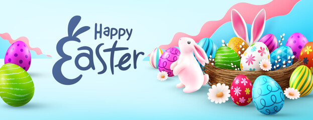 Easter poster and banner template with Cute Bunny and Easter eggs in the nest. Greetings and presents for Easter Day .Promotion and shopping template for Easter