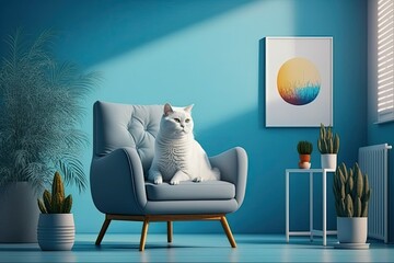 The chair has a cat in it. As the sun sets, a white British cat relaxes on a plush armchair in front of a blue wall in a warm and inviting living room. Generative AI