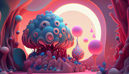 Soft psychedelic surreal contemporary abstract magical world illustration. Generative AI.
