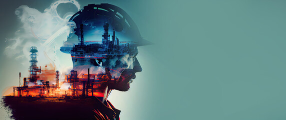 Generative AI illustration of a double exposure worker head, an oil, gas, and petrochemical refinery facility demonstrates the future of electricity and the engineer