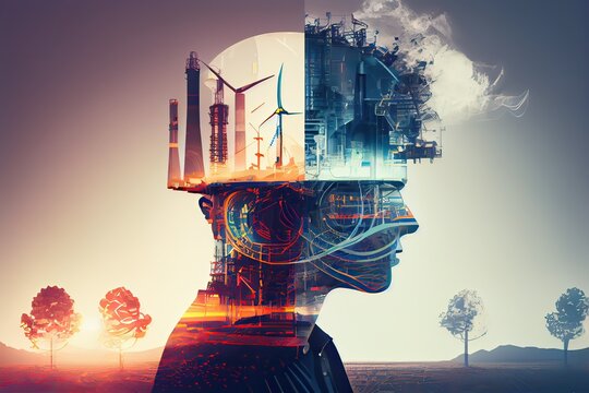 Generative AI illustration of a double exposure worker head, an oil, gas, and petrochemical refinery facility demonstrates the future of electricity and the engineer