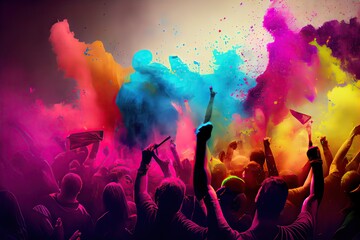 Obraz na płótnie Canvas Generative AI illustration of crowd of fans at concert, Dance, sing, and splatter colored water and paint all over the place to celebrate the festival of colors