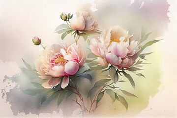 Generative AI illustration of the delicate beauty of light peony flowers in a watercolor-style image, the flowers a soft and dreamy quality