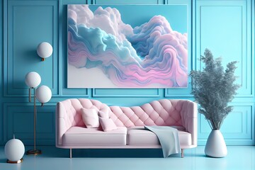 Generative AI illustration of the ethereal beauty of a delicate pastel interior with a picture on a light wall featuring clouds and waves