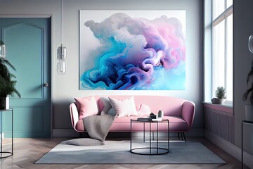 Generative AI illustration of the ethereal beauty of a delicate pastel interior with a picture on a light wall featuring clouds and waves