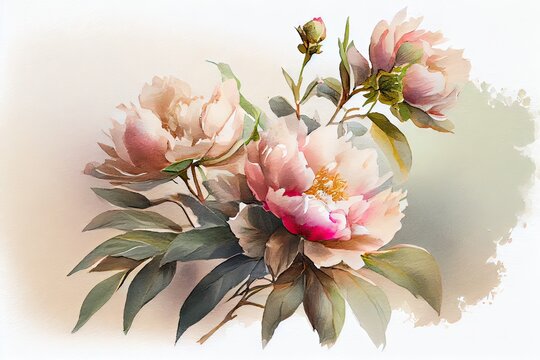Generative AI illustration of the delicate beauty of light peony flowers in a watercolor-style image, the flowers a soft and dreamy quality