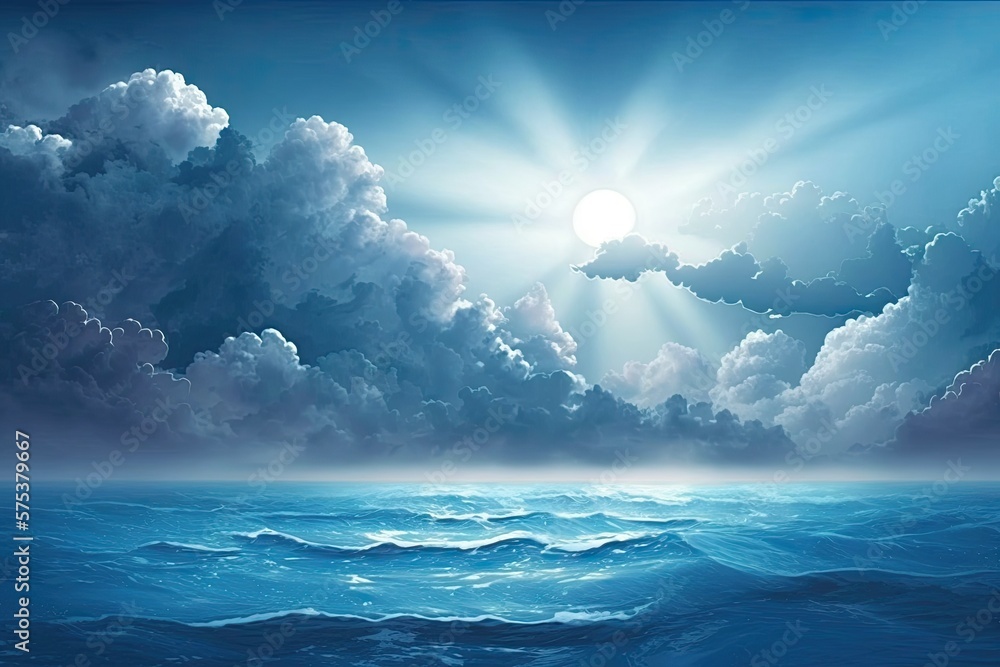 Poster natural scene with clouds and fog above the ocean waves. generative ai