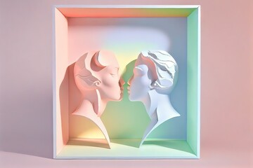 Generative AI illustration of diorama style of characters portrait, love is in the air man woman kiss, pastel volumetric light