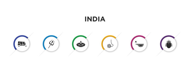 india filled icons with infographic template. glyph icons such as tuk tuk, trident, diwali lamp, navratri, oil lamp, ardhanareeswara vector.