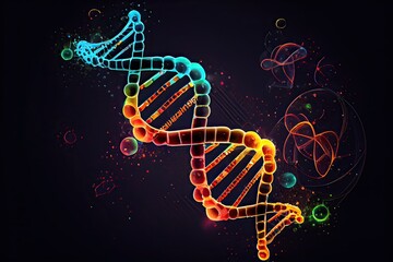 Generative AI illustration of DNA molecule composition. Double helix of DNA. Human genome cell genetic biotechnology study. Genetic engineering research and analysis in science laboratories