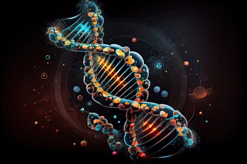 Generative AI illustration of DNA molecule composition. Double helix of DNA. Human genome cell genetic biotechnology study. Genetic engineering research and analysis in science laboratories - obrazy, fototapety, plakaty