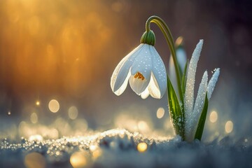 The snowdrop flowers (Galanthus nivalis) breaks out from under the snow in the spring forest. Dawn, sunset. Thaw, the onset of spring, the warm season. Snowdrop day holiday April 19 concept